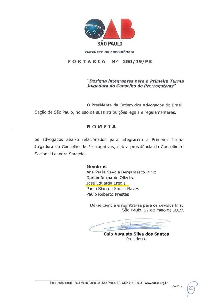 Carta Sobre NomeaÇÃo Do Dr ErÉdia Como Conselheiro De Prerrogativas Da Secional De SÃo Paulo 5299